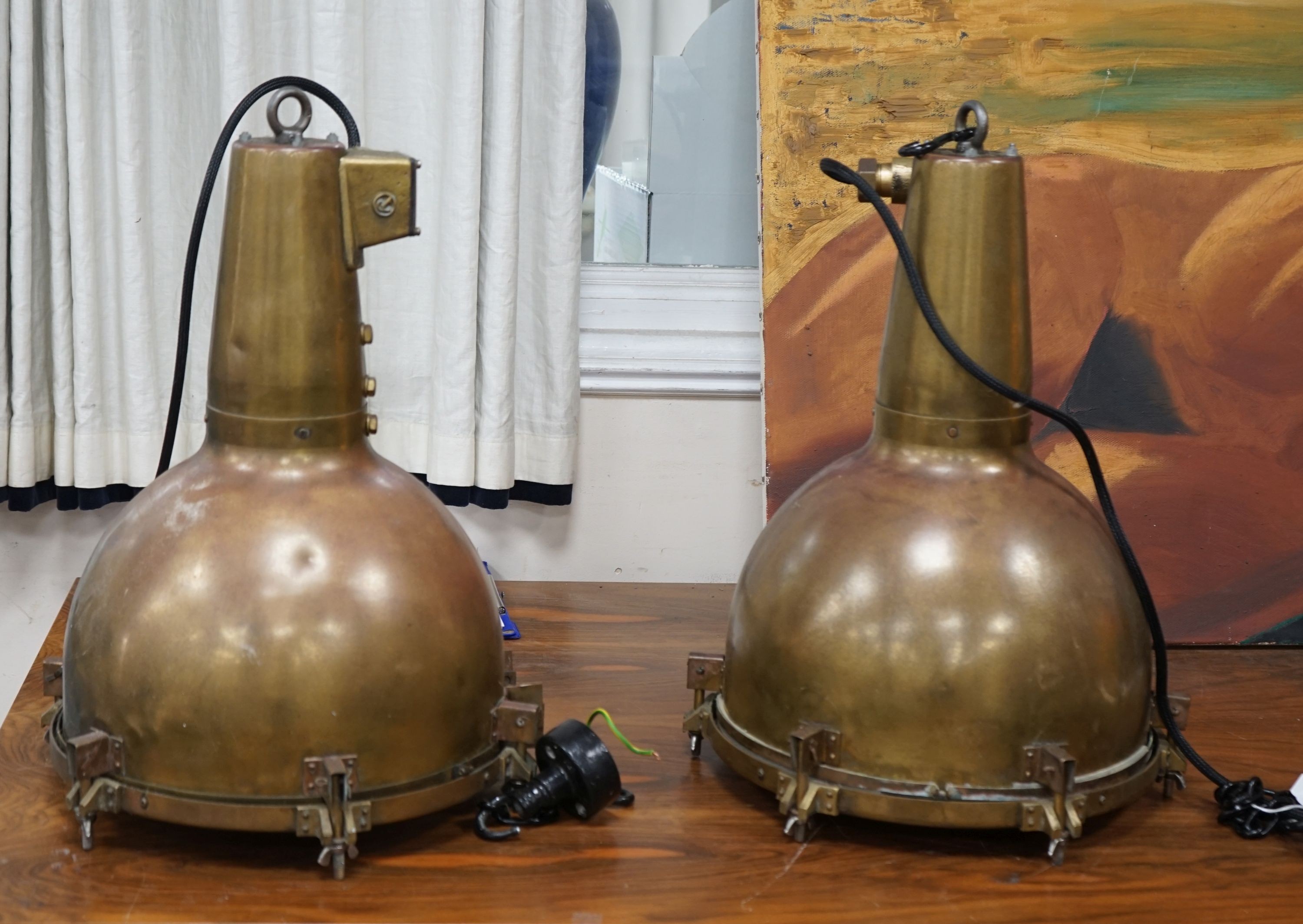 A pair of vintage industrial copper and brass ceiling lights, ex Japanese ship. Height 48cm